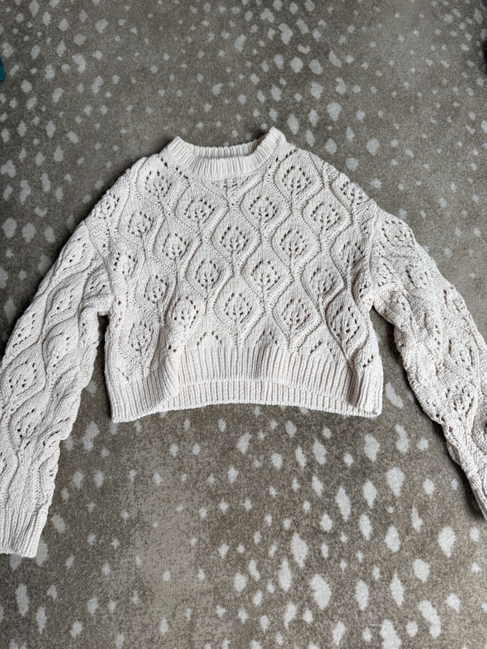 Zara Cream Openwork Cable Knit Cropped Crew